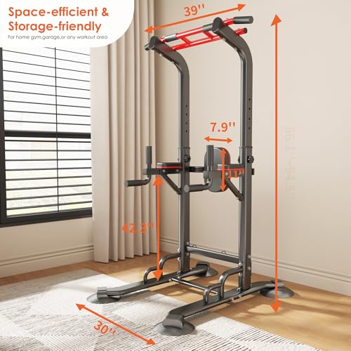 soges Power Tower Pull Up Bar Station, Dip Station for Home Gym, Height Adjustable Heavy Duty Strength Home Training Fitness Workout Equipment - color: Black-Bands