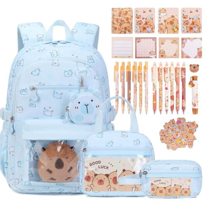 Capybara Theme Backpack for School Girls, 35PCS Kids Backpack Set with School Supplies Stationery Kit Lunch Box Pencil Case, Cute Girls Bookbag for Kindergarten Elementary Student - color: Blue