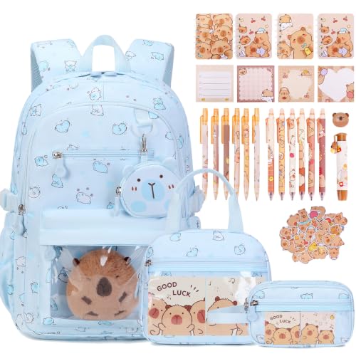 Capybara Theme Backpack for School Girls, 35PCS Kids Backpack Set with School Supplies Stationery Kit Lunch Box Pencil Case, Cute Girls Bookbag for Kindergarten Elementary Student - color: Blue