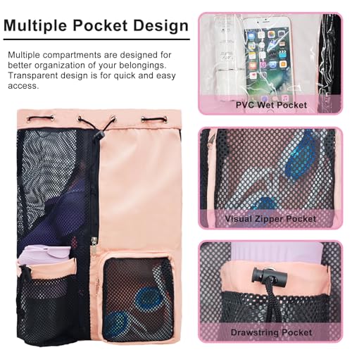 Mesh Beach Backpack with Wet Pocket Drawstring Pool Bag Waterproof Swimming Bag Gym Backpack for Men & Women - color: Pink