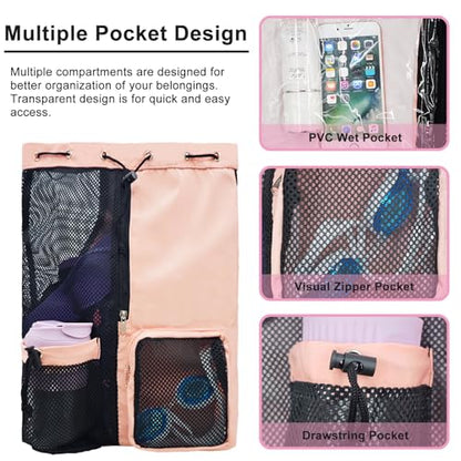 Mesh Beach Backpack with Wet Pocket Drawstring Pool Bag Waterproof Swimming Bag Gym Backpack for Men & Women - color: Pink