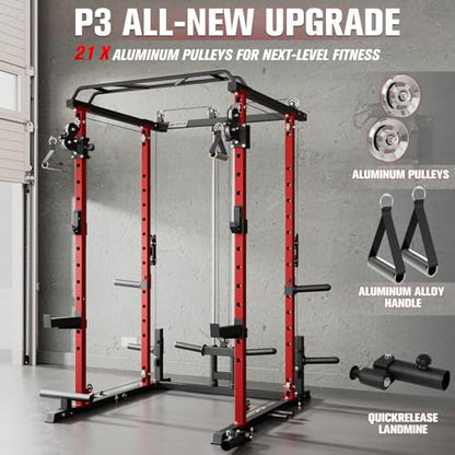 RitFit Multi-Function Garage & Home Gym Package Includes 1200LBS Power Cage PPC03/P3 with Cable Crossover System, Weight Bench, Olympic Barbell Weight Set, Full Body Workout - color: Red, style: Package 1.2K (with FBP 100lbs Plates)