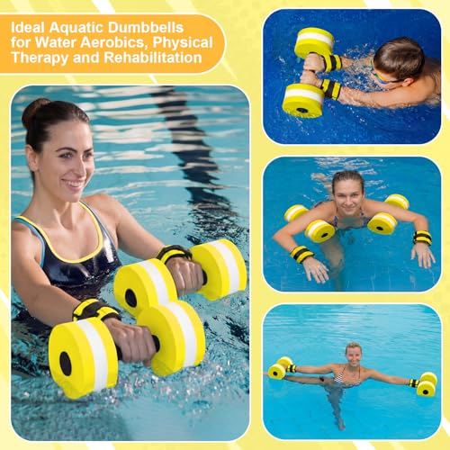 Hollowfly Water Aerobics Set, 4 Piece Pool Exercise Kit (2 Aquatic Dumbbells + 2 Ankle/wrist Weights), EVA Foam, Low-impact Workout - color: Neon Yellow, size: 1lb