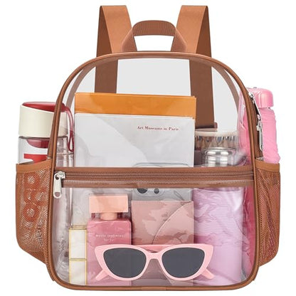 Oraben Clear Backpack Stadium Approved, 12 x 6 x 11 in, Small Transparent Backpack for Concerts, Sports Events, Festivals, Travel, Waterproof PVC, Adjustable Straps, Women Men - color: Coffee Brown, style: Nylon Shoulder Straps