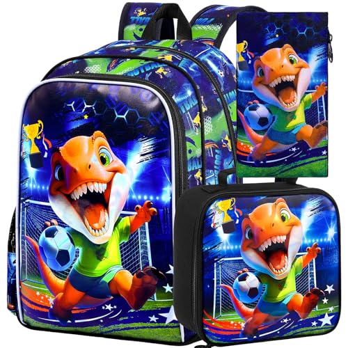 16" Dinosaur Soccer Backpack Set for Boys 4-8, 3Pcs Preschool Bookbag with Football Lunch Box & Pencil Case, Lightweight School Bag (Blue) - color: Soccer Dinosaur Blue