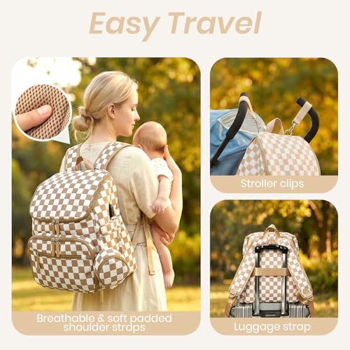FHELAD Checkered Diaper Bag Backpack with Changing Pad & Stroller Clips, Large Travel Baby Diaper Bag for Newborn Moms, Baby Shower Gifts (Light Brown) - color: Light Brown