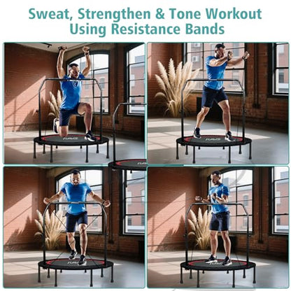 RAVS Mini Trampoline for Kids Adults 40"/48" Foldable Fitness Rebounder Kids Trampoline with 5 Levels Height Adjustable Handle Resistance Bands Indoor Workout - size: 48-inch