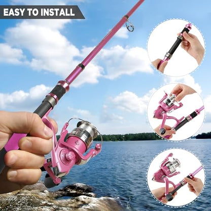 Fishing Rod and Reel Combos, Fishing Gear Gifts for Women with Spinning Reel, Lures, Line, Pink Ladies Telescopic Pole Kit Designed for Girls Adults by PLUSINNO - size: 5.91 ft - Complete Kit