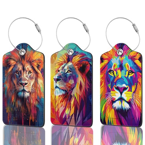 3 Pack Colorful Lion PU Leahter Luggage Tag with Stainless Steel Loop, Travel Suitcase Labels with Privacy Cover ID Label Quickly Spot for Bags - color: Colorful Lion
