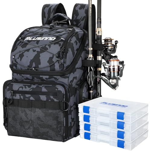 PLUSINNO Cooler Fishing Backpack with Rod Holders 45L Large Water-resistant Fishing Tackle bag Store Fishing Gear Fishing Gifts for Men Father - color: Black Camo with box