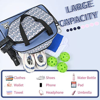 Boulder Bee Pickleball Bags, Premium Pickleball Tote Bag for Girls, Women’s Hand/Shoulder Gym Bag w Water Bottle Holder, with Pickleball Racquet/Paddle Holder - color: Blue Circle