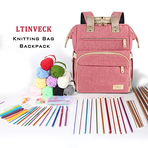 LTINVECK Knitting Bag Backpack,Yarn Storage Organizer Travel Crochet Bag,Large Capacity Tote Bag Yarn Holder Case for Carrying Projects, Knitting Needles, Crochet Hooks Pink - color: Pink