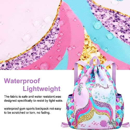 RHCPFOVR Drawstring Backpack for Kids - Mermaid Bags for Girls Gym Dance Beach Swim Travel Bag With Two Water Bottle Holder - color: Mermaid
