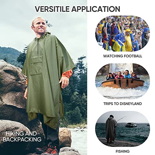 PTEROMY 3-in-1 Hooded Rain Poncho for Adult with Pocket, Waterproof Lightweight Unisex Raincoat for Hiking Camping Emergency - color: Green 1/4 Zipper