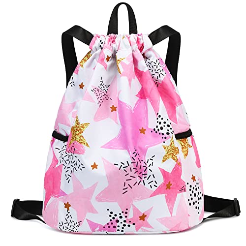 Waterproof Drawstring Bag, Drawstring Backpack, Gym Bag Sackpack Sports Backpack for Women Girls Stars Pink - color: Star Pink
