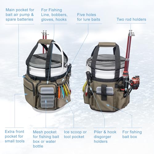 Fishing Bucket Organizer with Bucket Cover Fishing Tackle Bag with Rod & Plier Holder, Multi-Pockets for 5 Gallon Bucket Fishing Gear & Accessories Father Gifts - color: Khaki