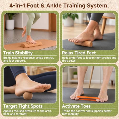 Rocalt Foot & Ankle Strengthener Kit, 4-in-1 Cork Balance Board Set with Massage Roller, Ball & Toe Resistance Bands, Foot Mobility Trainer for Balance Training, Yoga, Runners & Daily Exercise