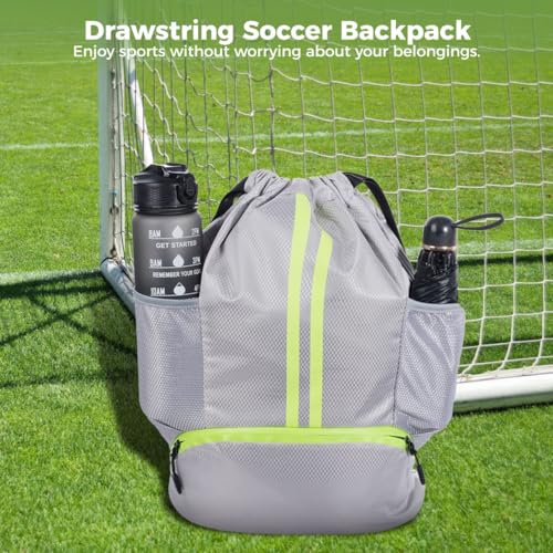 Soccer Sports Backpack with Separate Shoe Compartment & Waterproof Wet-Dry Storage, 20L Drawstring Gym Bag for Boys and Girls, Gray