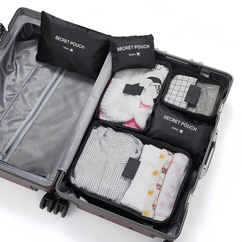 6PCS Packing Cubes Set Compression Organizers With Shoe Toiletry Laundry Bags Multi-Size Travel for Business Family Weekend Trips, Black