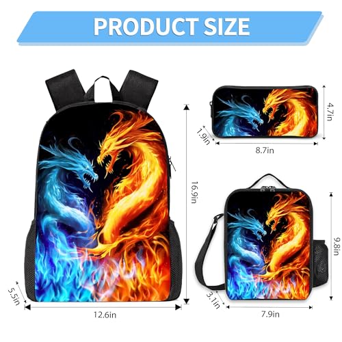 3PCS Boys Backpack, Kids Back To School Bag with Lunch Box Pencil Case Set, Cool Dragon Backpack for Boys Teens, 17" Schoolbag Bookbag for Elementary Middle High School Students - color: Dragon