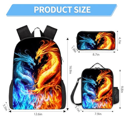 3PCS Boys Backpack, Kids Back To School Bag with Lunch Box Pencil Case Set, Cool Dragon Backpack for Boys Teens, 17" Schoolbag Bookbag for Elementary Middle High School Students - color: Dragon
