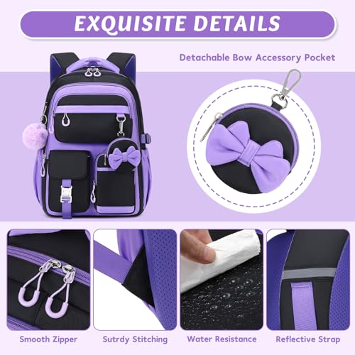 MUSEVOS Kids Teenage Girls Backpack, Elementary/Middle/High Schoolbag, Multi-Compartment Water-resistant Cute Bookbag, 17inch - color: Black-purple