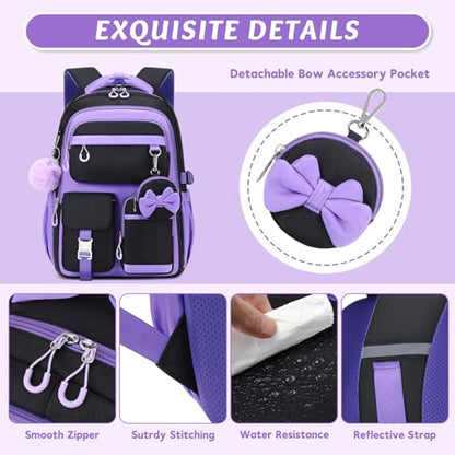 MUSEVOS Kids Teenage Girls Backpack, Elementary/Middle/High Schoolbag, Multi-Compartment Water-resistant Cute Bookbag, 17inch - color: Black-purple