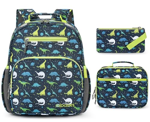 mibasies Boys Backpack with Lunch Box: 3PCS Kids Backpack Set for Kindergarten Elementary - 15 IN Cute Bookbag - Galaxy Dinosaur - color: Galaxy Dinosaur
