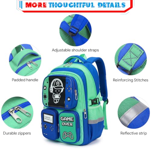 Boys Backpack, Luminous Gamer Backpack for Boys with Lunch Box,Pencil Case and Coin Puese,Kids Schoolbag Bookbag for Teen Boy Elementary Middle High School Travel(Green-Blue) - color: Green-blue