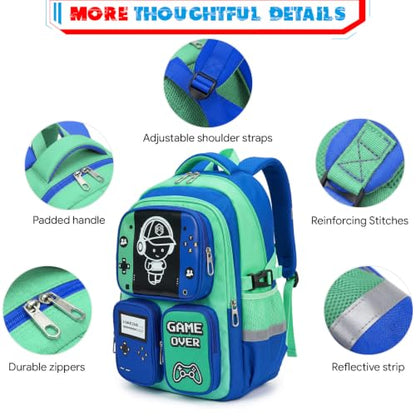 Boys Backpack, Luminous Gamer Backpack for Boys with Lunch Box,Pencil Case and Coin Puese,Kids Schoolbag Bookbag for Teen Boy Elementary Middle High School Travel(Green-Blue) - color: Green-blue