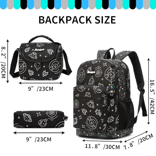 Boys Backpack for Kids 8-12 Years Old Boys Backpack for School Lightweight Kids School Bookbag with Lunch Box Set Back to School Supplies for Elementary Toddler Student - color: Black Planet