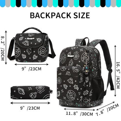 Boys Backpack for Kids 8-12 Years Old Boys Backpack for School Lightweight Kids School Bookbag with Lunch Box Set Back to School Supplies for Elementary Toddler Student - color: Black Planet