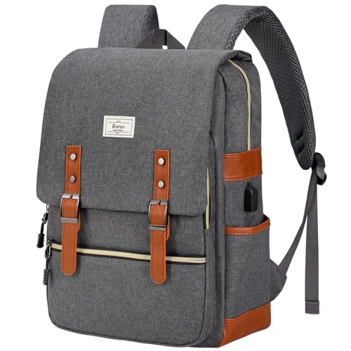 Ronyes Vintage Laptop Backpack for Women Men,15.6 inch Bookbag Casual Daypack with USB Charging Port for College Work, Grey Backpacks - color: Gray3withusb