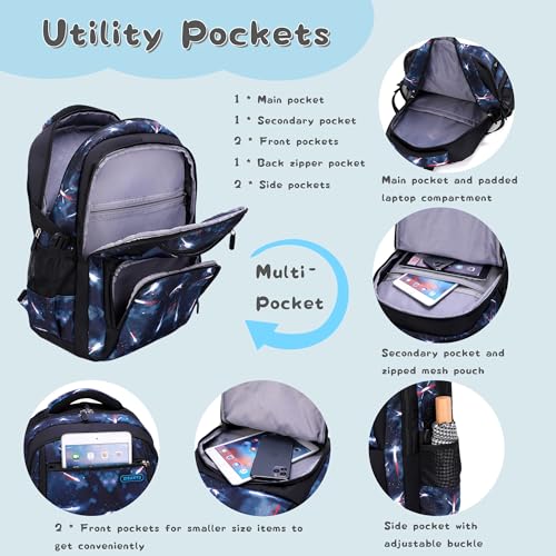 Bansusu Space Print Boys Backpacks for School Elementary, Galaxy Backpacks for Boys Water-resistant School Bags Bookbags, Sky-blue - color: Blue-outer Space
