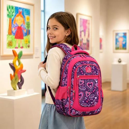 MYGOO Girls School Backpack Vineyard Heart Purple Bookbag for Elementary Middle School Ages 5-12, 17 inch Large Capacity 24L Kids Student Travel Bags - color: Vineyard Heart Purple