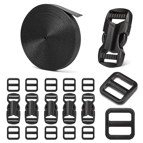 BEYOURD 5/8" Buckle and Strap Set: 6 Yards of Thick Nylon Webbing, 6 Pack Quick Side Release Adjustable Plastic Buckles, 12 Tri-Glide Slide Clips, Black (5/8 Inch Combo Set) - style: 5/8" Combo Set
