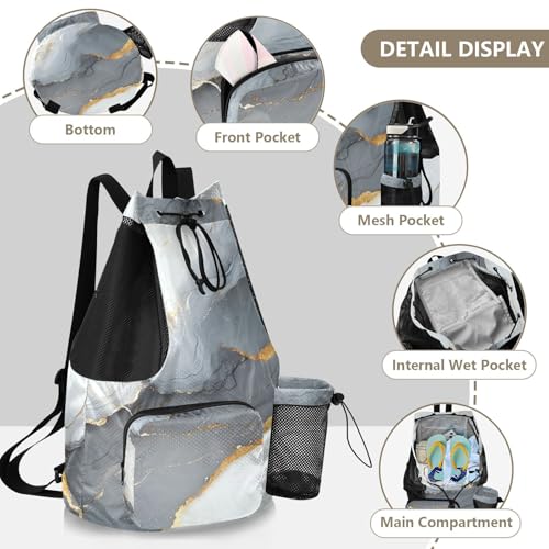 Drawstring Bags For Men Women Summer Camp Bag With Pockets String Back Bag Wet and Dry Separation Marble Gray White - color: Color 17