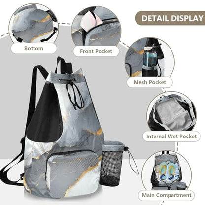 Drawstring Bags For Men Women Summer Camp Bag With Pockets String Back Bag Wet and Dry Separation Marble Gray White - color: Color 17