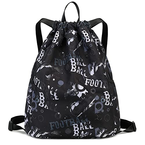 Drawstring Backpack Gym Backpack Sports Bag for Swim Women Men Workout Bag Draw String Back Sack for Soccer Beach Gear Letters Football Black - color: Football Black