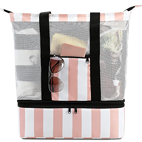 Bluboon Mesh Beach Tote Bag with Cooler Compartment Insulated Detachable Picnic Bag with Zipper and Pocket Pool Bag for Women - color: Pink