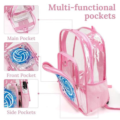 Volleyball Clear Backpack Heavy Duty for Girls Kids Boys Women | Large Cool PVC Volleyball Theme Printing Transparent Backpacks for Schools Stadium Concerts Work - Clear/Pink - color: Volleyball Clear Backpack 2 Pink With Front Pocket
