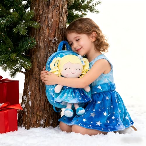 Gloveleya Toddler Backpack Baby Girl Gifts Plush Curly Girl Doll Backpacks Blue Dress with Glitter Stars 9 inches - color: A001 Hot Stamping Blue Backpack, size: 9 inches