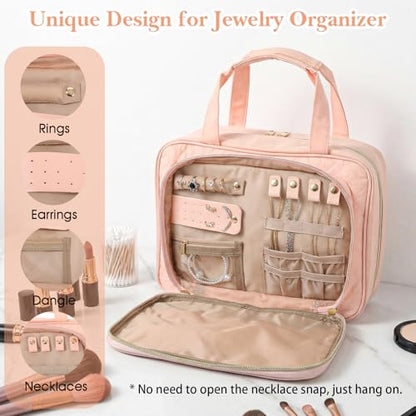 Travel Hanging Toiletry Bag for Women Foldable Makeup Bag with Jewelry Organizer Compartment, PVC Waterproof Cosmetic Travel Bag for Business Camping Bathroom Pink Toiletry Organizer(Pink)