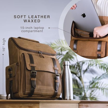 VELEZ Top Grain Leather Backpack for Men and Women - 15.6 Inch Laptop Bag - Brown Designer Leather Bookbag - Vintage Business Leather Travel Backpack Casual Shoulder Bags