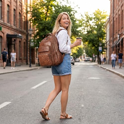 Bluome Work Backpack for Women Men, Laptop Vegan Leather Backpack Purse with 15.6–17 Inch Laptop, Multi-Pocket Bookbag for Office Travel Gym Weekend Overnight Bag, Brown - color: Brown