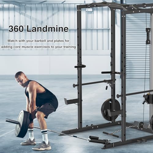 ULTRA FUEGO Power Cage, Multi-Functional Power Rack with J-Hooks, Dip Handles, Landmine Attachment and Optional Cable Pulley System for Home Gym - size: Power Cage Black With Pulley System