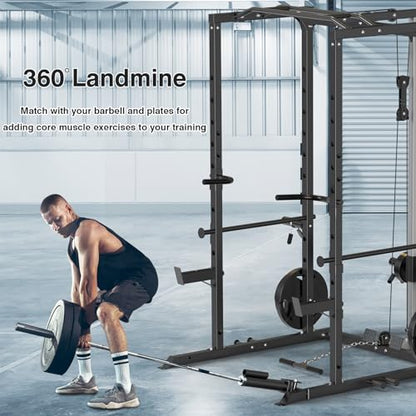 ULTRA FUEGO Power Cage, Multi-Functional Power Rack with J-Hooks, Dip Handles, Landmine Attachment and Optional Cable Pulley System for Home Gym - size: Power Cage Black With Pulley System