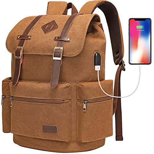 Modoker Mens Canvas Vintage Backpack for Men,Women, Travel Laptop Backpack Fits 17/15.6 Inch Computer & Tablet, Large Bookbag Rucksack Backpack with USB Charging Port, Brown - color: Retro Brown