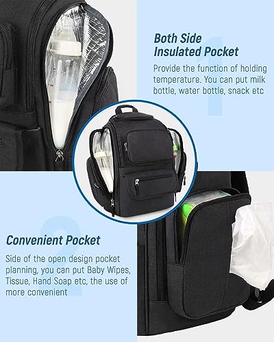 Mancro Diaper Bag Backpack, Multifunctional Dad Diaper Bag with 2 Side Insulated Pockets, Travel Water Resistant Baby Diaper Backpack for Men Women with Stroller Straps, Black - color: Black, size: Large