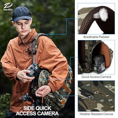 Padwa Lifestyle Camouflage Canvas Camera Backpack - Professional DSLR & UAV Camera Bag,Anti Theft Camera Backpack with Rain Cover,Large Capacity Photography Travel Camera Bag with Multi Compartments - color: Camouflage Canvas, style: Canvas Bag Flap